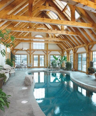 timberframe shed | Timber Frame Specialty Buildings Timber Frame Interior Design, Timber Frame Interior, Indoor Pool Ideas, Indoor Pool House, Amazing Swimming Pools, Indoor Pool Design, Piscina Interior, Frame Interior, Interior Design Gallery