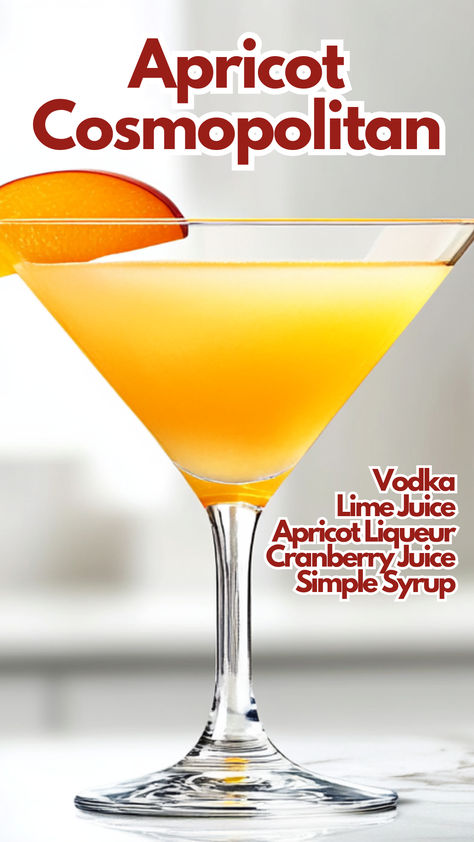 Apricot Cosmopolitan Apricot Liqueur Cocktails, Apricot Liqueur, Cosmopolitan Cocktail Recipes, Cosmopolitan Cocktails, Cosmopolitan Recipe, Cocktail Cards, Vodka Cocktails Easy, Tart Flavors, Simple Syrup Cocktails