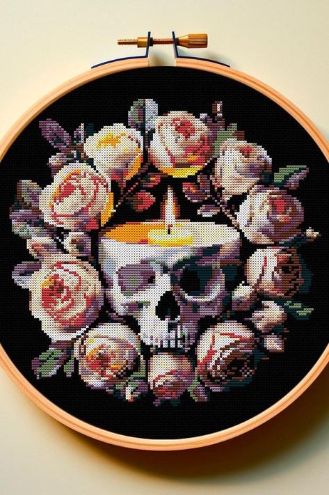 Gothic Cross-stitch Pattern PDF Planet World Skull Roses Peony Plant Candle Floral Dark Witchy Aesthetic Black Aida Xstitch Chart Autumn sal Cross Stitch Ideas Unique, Dark Witchy Aesthetic, Cross Stitch Aesthetic, Gothic Embroidery, Skull Cross Stitch, Peony Plant, Gothic Cross Stitch, Plant Candle, Witchy Aesthetic