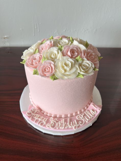 Rose Birthday Cake, Rosé Birthday Cake, Rose Birthday, Floral Cakes, Single Tier Cake, Buttercream Roses, White Buttercream, Buttercream Cake Decorating, Floral Cake