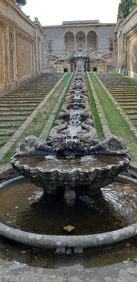 Villa Farnese (Caprarola) | Upper Gardens, the fountain on the steps leading up to the Casino (small habitable summerhouse with two loggia for outside dining) | Completed in 1575 | Pentagonal Mansion | Viterbo, Italy | 1.5 hrs NW of Rome airport Italian Grotto, Viterbo Italy, Villa Farnese, Italy Fountain, Rome Fountain Aesthetic, Rome Airport, Palace Fountain, Baroque Fountain, Fountain Of Neptune Florence