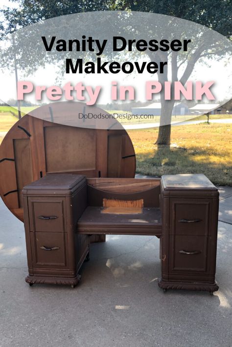 Refurbished Desk Into Vanity, Diy Painted Vanity, Dusty Pink Furniture, Refurbished Makeup Vanity, Refinished Vintage Vanity, Antique Vanity Makeover Diy, Refurbished Vanity Ideas, Vanity Paint Ideas, Vanity Redo Ideas