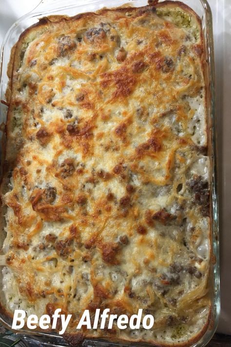 Beefy Alfredo Casserole Beef Alfredo Lasagna, Burger Alfredo Pasta, Hamburger Alfredo Recipes Ground Beef, Hamburger With Alfredo Sauce, Alfredo And Beef Recipe, Alfredo Sauce And Ground Beef Recipes, Hamburger Fettuccine Alfredo, Ground Beef Recipes Alfredo Sauce, Alfredo Pasta With Ground Beef