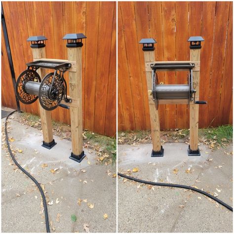 Outdoor Hose Station, Homemade Wood Hose Holder Made With 2x4's, Hose Reel Ideas, Diy Hose Reel Holder, Diy Air Hose Reel, Hose Reel Post, Diy Water Hose Reel, Diy Garden Hose Reel, Hime Made Water Hose Hanger