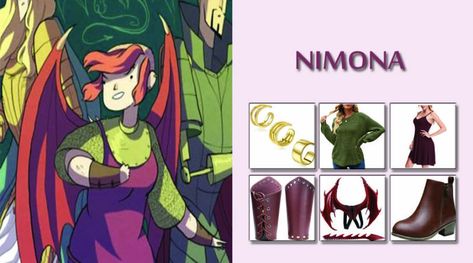 Diy Nimona Costume, Nimona Comic Cosplay, Nimona Cosplay, Fairy Tale Costumes, Costume Guide, Green Knit Sweater, Costume Inspo, Maroon Dress, Waffle Knit Sweater