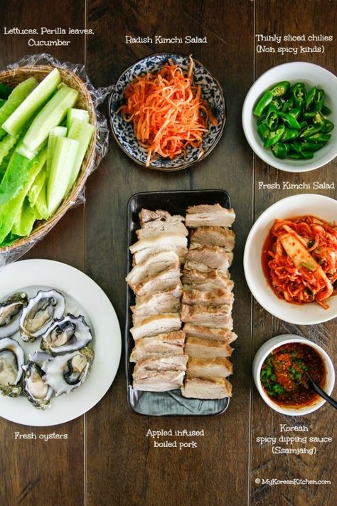 Bossam Korean, Tuna Salad Lettuce, Korean Pork Belly, Korean Bbq At Home, My Korean Kitchen, Lettuce Boats, Fresh Kimchi, Korean Vegetables, Korean Grill