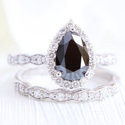 Black Diamond Pear Engagement Ring, Wedding Rings With Black Diamonds, Half Diamond Wedding Band, Black Engagement Ring Set, Pear Ring Set, Cluster Diamond Rings, Unique Black Diamond Engagement Ring, Black Diamond Halo Ring, Black Diamond Bridal Set