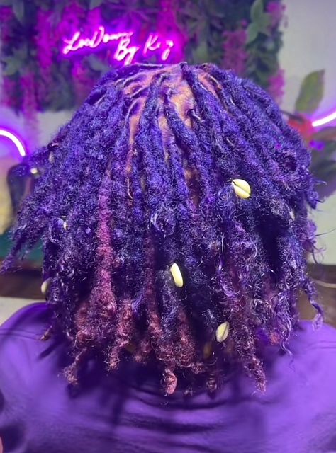 Blue And Purple Locs Black Women, Purple Hair Locs, Purple Dyed Locs, Dark Purple Locs, Purple Locs Black Women, Colored Roots With Black Hair, Loc Dye Ideas, Afro Hair Dye, Blue Locs