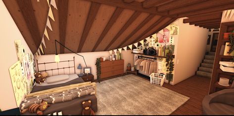 bloxburg bedroom teen aesthetic attic bedroom Bloxburg Attic Bedroom, Club Roblox Bedroom Ideas, Roblox Bedroom Ideas, Slanted Ceiling Bedroom Ideas, Bloxburg Bed, Bloxburg Teen Room, Indie Bedroom Ideas, Bloxburg Designs, Slanted Ceiling Bedroom