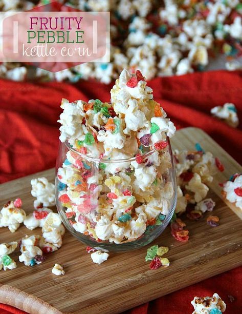 Fruity Pebble Kettle Corn Fruity Pebble, Fruity Pebbles Cereal, Popcorn Treats, Popcorn Snacks, Kettle Corn, Flavored Popcorn, Gourmet Popcorn, Popcorn Recipes, Fruity Pebbles