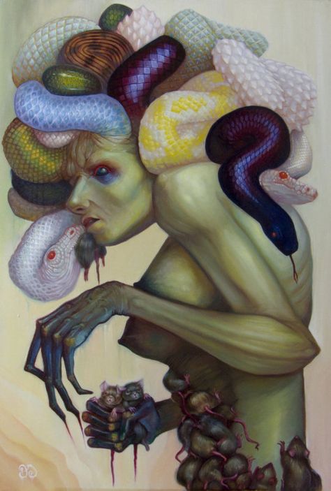 Jaqueline Gallagher Painting Snake, Medusa Artwork, Medusa Art, Horror Vintage, Arte Peculiar, Bizarre Art, Creatures Of The Night, Creepy Art, Pop Surrealism