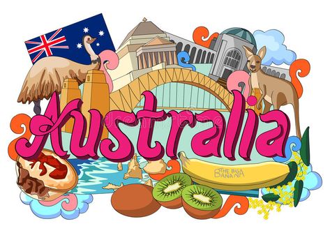 Doodle showing Architecture and Culture of Australia vector illustration Australia Illustration, Funny Compliments, Happy Australia Day, Batman Kids, Summer Illustration, Doodle Icon, Kid Art, Travel Sketches, Doodle Illustration