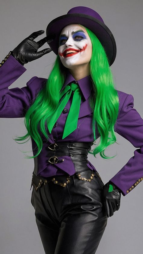 Transform into the iconic Joker with this stunning female outfit Featuring a classic white shirt and a stylish purple corset this costume is both hot and easy to wear Perfect for 2019 this modest yet eye-catching ensemble includes a green corset purple shirt and matching shoes Stand out in style with this appropriate and fashionable 2024 Joker costume Fem Joker Cosplay, Joker Inspired Outfit, Joker Outfit Ideas, Joker Costume Ideas, Joker Costume Female Outfit, Female Joker Cosplay, Female Joker Costume, Corset Purple, Joker Outfit