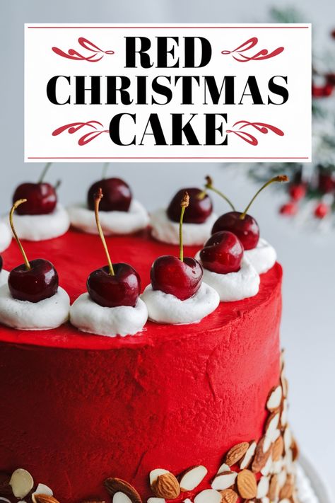 Festive red cake topped with cherries and surrounded by almonds, labeled "Red Christmas Cake". Red Christmas Cake, Modern Chocolate Cake, Classic Red Christmas, Christmas Cake Recipe, Holiday Dessert Table, Holiday Desserts Table, Chocolate Cake Recipes, Red Cake, Fruit Cakes