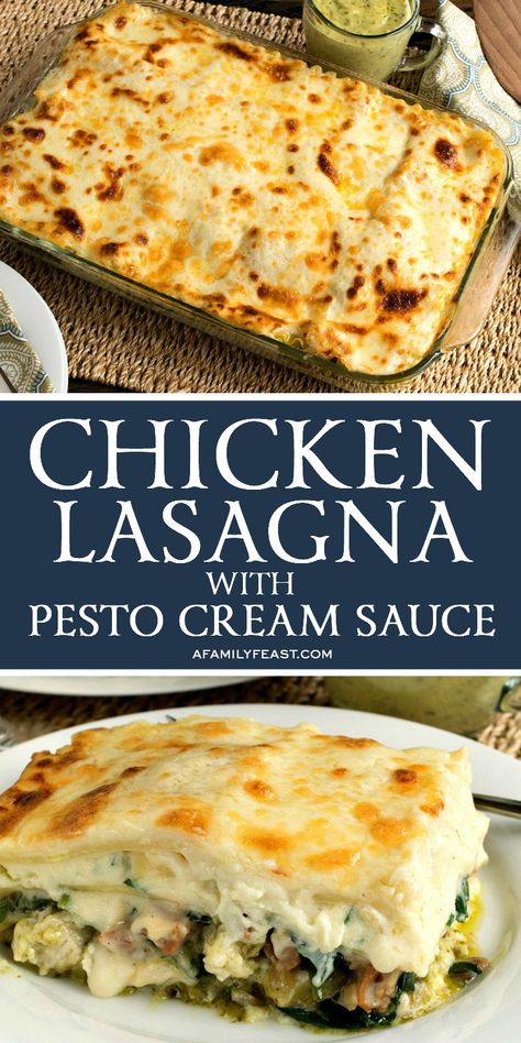 Chicken Lasagna with Pesto Cream - Sauce - Creamy, cheesy and zesty, you'll love this fantastic Chicken Lasagna with Pesto Cream Sauce! #pasta #lasagna #pesto #chicken Keto Recipes With Pesto Sauce, Alternative Lasagna Recipe, Lasagna Pesto, Pesto Chicken Casserole, Recipes With Pesto, Pesto Cream Sauce, Pesto Lasagna, Chicken Lasagna Recipe, Pasta Lasagna