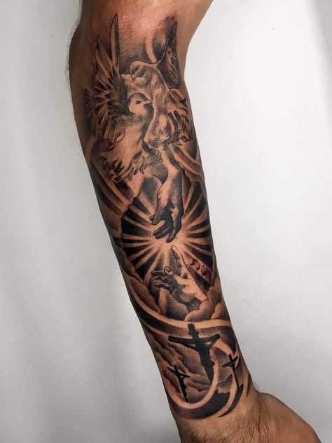 Guys Arm Tattoos Sleeve, Creation Of Adam Tattoo Forearm, Men’s Full Arm Sleeve Tattoos, Italian Mythology Tattoo, High Frequency Tattoo, Christian Arm Sleeve Tattoos, Fore Arm Tattoo Men Half Sleeves, Front Arm Tattoo Men, Back Of Forearm Tattoo Men