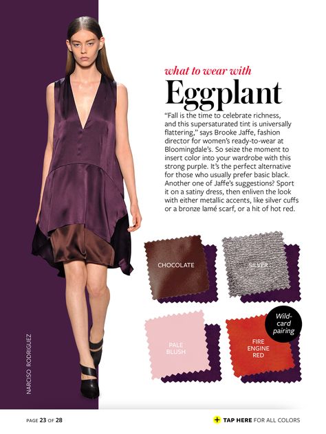 eggplant + chocolate/silver/pale blush/fire engine red Color Crash Course, Instyle Color Crash Course, Colour Combinations Fashion, Color Combos Outfit, Color Combinations For Clothes, Cool Winter, Eggplant Color, Amal Clooney, Wardrobe Planning