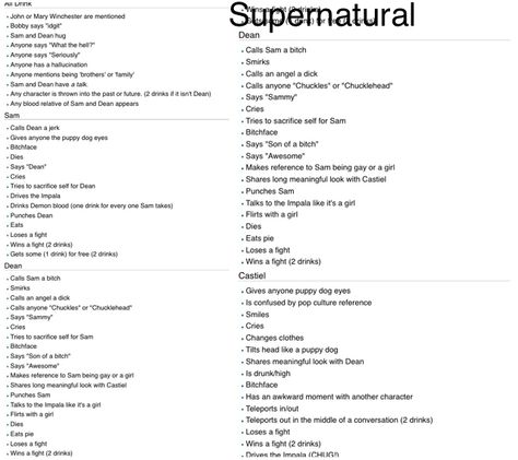 Supernatural Drinking Game Supernatural Drinks, Supernatural Drinking Game, Supernatural Playlist, Supernatural Title, Supernatural Bobby, Supernatural Rowena, Mary Winchester, Drinking Games, Home Brewing