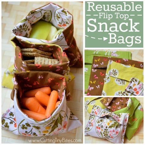 Reusable Snack Bag Tutorial. Reduce waste by using this simple sewing tutorial for DIY flip top snack or sandwich bags. Uses easy straight line sewing with NO snaps or velcro, perfect for beginners. Sewing Bags Diy, Reusable Snack Bags Tutorial, Origami Bags, Environmental Projects, Tiny Bites, Diy Bags No Sew, Simple Sewing Tutorial, Bento Bag, Bags Diy