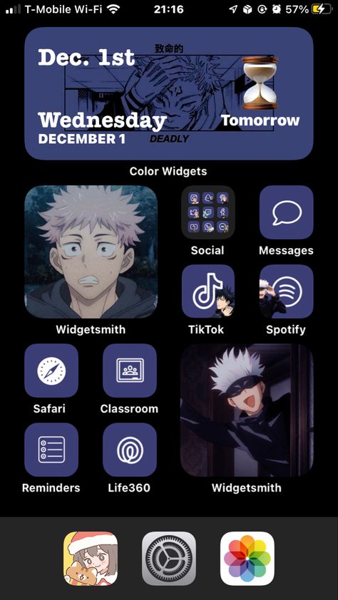 Anime Themed Iphone Home Screen, Iphone Layout Homescreen Anime, Iphone App Design Anime, Iphone Anime Theme, Widget Iphone Aesthetic Anime, Jjk Iphone Layout, Anime Widget Ideas Iphone, Jjk Homescreen Layout, Jjk Themed Phone