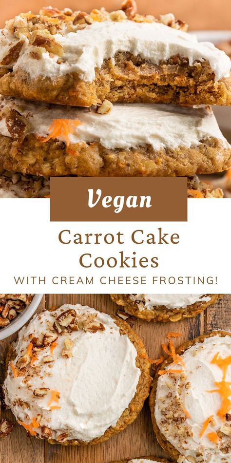 You will love these soft, chewy, & moist Vegan Carrot Cake Cookies topped with the best dairy-free cream cheese frosting! These easy vegan carrot cookies are better than Crumbl & make the perfect dairy-free & eggless dessert for Easter or any Spring gathering! #carrotcakecookies Christmas Vegan Recipes, Vegan Carrot Cake, Bakery Cookies, Vegan Pastries, Carrot Cookies, Dairy Free Cream Cheese, Carrot Cake Cookies, Vegan Baking Recipes, Vegan Cookies Recipes