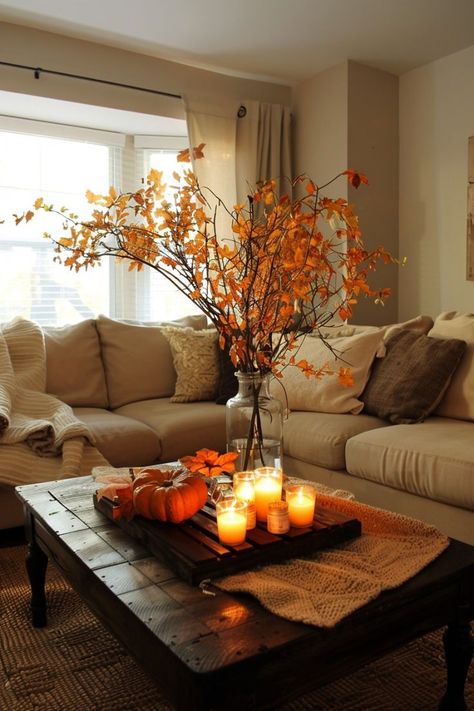 Cozy Fall Decor Ideas: Get ready to snuggle up with these 20 autumn-inspired decorating tips, from rustic porch decorations to warm centerpiece ideas. Create a welcoming atmosphere in your home this season! Check it out and start decorating! #fall #falldecor #fallvibes #aesthetic #fallautumn #autumn #fallaesthetic #orange #houseinspo #white Fall Living Room Decorations, Fall Decor Cozy, Autumn Decorating Ideas, Diy Fall Decor Ideas, Autumn House, Autumn Interior, Leaves Changing Color, Fall Bedroom Decor, Neutral Fall Decor