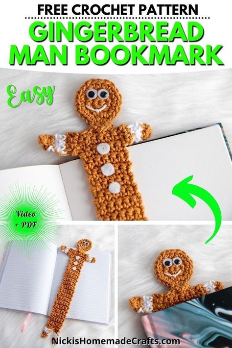 Learn to crochet this beginner friendly Gingerbread Man Bookmark pattern. This free crochet pattern comes with an ebook, pdf and video tutorial for crochet beginners. Great crochet beginner pattern to make last minute gifts for the Christmas and Holiday Season. Crochet Gingerbread Man, Bookmark Crochet Pattern, Crochet Bookmarks Free Patterns, Crochet Gingerbread, Arm Crocheting, Crochet Beginners, Crochet Beginner, Bookmark Crochet, Bookmark Pattern