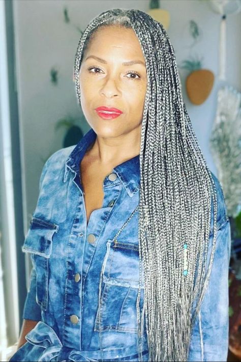 I love these beautiful long silver box braids! Check this gray braids hairstyle out along with 28 other absolutely beautiful braid styles for gray hair! | gray braids for black women silver hair | silver braids | silver braids for black women Styles For Gray Hair, Silver Braids, Grey Box Braids, Grey Hair Braids, Grey Hair Looks, Grey Hair Over 50, Gorgeous Gray Hair, Grey Hair Inspiration, Beautiful Gray Hair