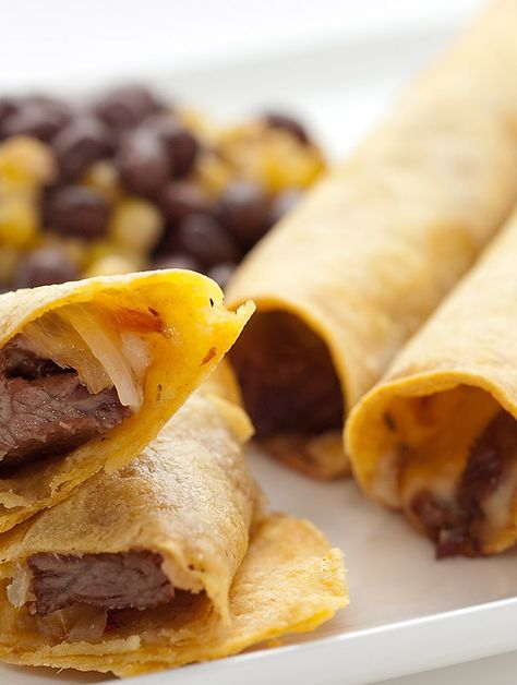 Crunchy taquitos filled with grilled steak, caramelized onions and spicy pepperjack cheese. Pepper Jack Taquitos, Steak Taquitos, Taquitos Recipe, Flat Iron Steak, Grilled Steak, Starters Recipes, Pepper Jack, Quesadillas, Steak Recipes