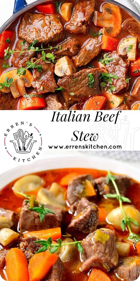 This savory Italian Beef Stew recipe makes a delicious, satisfying stew with a rich tomato gravy and meat that just melts in your mouth! Italian Beef Stew Daniel Mancini, Italian Beef Stew Crockpot, Italian Beef Stew Recipes, Italian Beef Soup, Tomato Beef Stew, Braised Beef Stew, Beef Stew Stove Top, Italian Stew, Italian Beef Stew