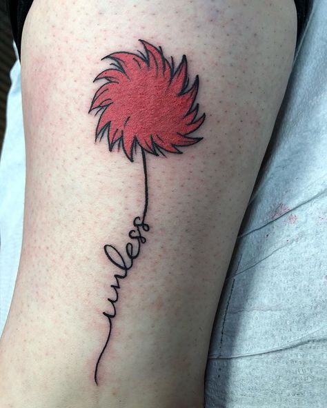 ℂ𝕙𝕖𝕣𝕪𝕝 𝕋𝕒𝕤𝕙 on Instagram: ““Unless someone like you cares an awful whole lot, nothing is going to get better. It’s not.” I put this Truffula tree from The Lorax by…” Lorax Tree Tattoo, Lorax Tattoo Unless, Teacher Tattoo, The Trees Cant Be Harmed If The Lorax Is Armed, Lorax Unless, Teacher Tattoos, Tattooed Teacher, Unless Quote Lorax Dr. Seuss, Light Tattoo