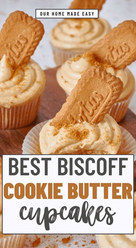 Indulge in the heavenly combination of rich, buttery biscuit taste with the delightful sweetness of cookie butter. Discover the recipe for the best Biscoff cupcakes, featuring an irresistible cookie butter filling and frosting, that will leave your taste buds craving for more. Perfect for your next special occasion or when you simply need a delicious treat to satisfy your cravings. Cookie Butter Frosting, Biscoff Cupcakes, Mini Loaf Cakes, Biscoff Recipes, 3 Ingredient Desserts, Biscoff Cookie Butter, Butter Cupcakes, Biscoff Cookies, Buttery Biscuits