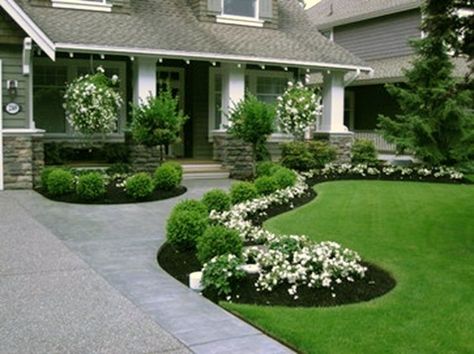 Love the curved flower beds with the boxwoods and flowers. Also, the pillars for the porch are exactly what I want for the house. Ideas Para Decorar Jardines, Inexpensive Landscaping, Front Yard Walkway, Boxwood Landscaping, Walkway Landscaping, Pathway Landscaping, Small Front Yard Landscaping, Small Front Yard, Driveway Landscaping