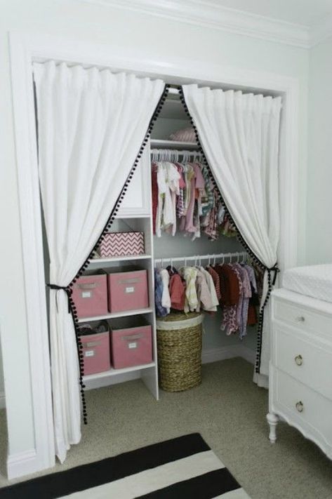 Replacing Closet Doors, Nursery Closet Organization, Closet Curtains, No Closet Solutions, Ikea Curtains, Nursery Closet, Kid Closet, Baby Closet, Diy Closet