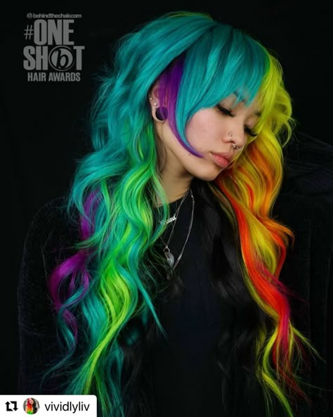 Bold Hairstyles, Scene Queen, Split Dyed Hair, Vivid Hair Color, Cute Hair Colors, Goth Hair, Neon Hair, Dyed Hair Inspiration, Shot Hair Styles