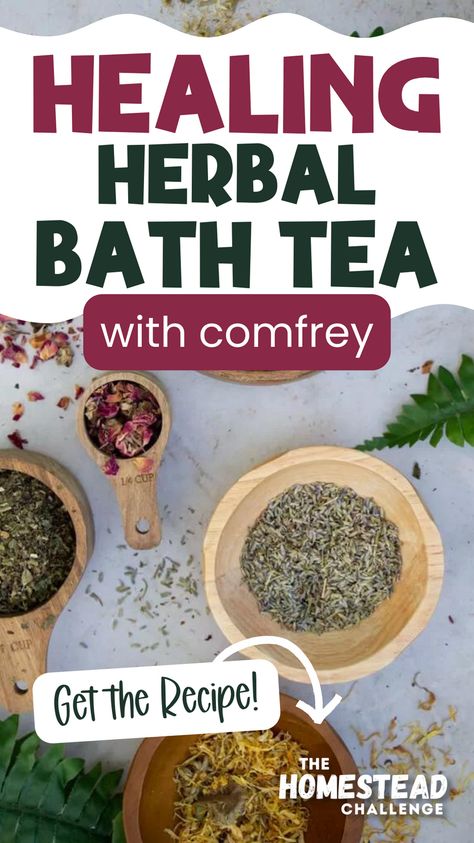 Indulge in the healing embrace of nature with our Bath Tea with Comfrey recipe! Rich in skin-loving properties, comfrey soothes and revitalizes, making it a perfect addition to your self-care routine. Learn how to blend this medicinal herb with other natural ingredients for a luxurious bath experience. It's simple, DIY, and utterly relaxing. Transform your bath into a spa-like oasis. #ComfreyBathTea #DIYSpaDay #HerbalRemedies #SelfCare #GardenHerbs #NaturalWellness Herbal Bath Tea Recipes, Herbs For Bath Soak, Menstruation Tea Herbs, Homemade Herbal Bath Powder, Bath Tea Recipe, Herbal Benefits, Herbal Bath Tea, Diy Spa Day, Medicinal Herb