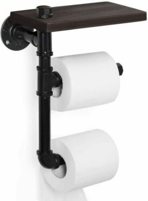 Black Wall-Mounted Double Toilet Paper Holder with Wooden Shelf Pipe Towel Rack, Pipe Toilet Paper Holder, Best Toilet Paper, Lake Bathroom, Cellar Doors, Ada Bathroom, Cabin Bathrooms, Cabinet Wardrobe, Industrial Bathroom