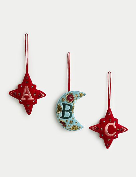 Velvet Hanging Alphabet Decoration | MULTI | Decorations | M&S US Embroidered Felt Ornaments, Alphabet Decoration, Initial Ornaments, A Capital Letter, Xmas Aesthetic, Embroidered Alphabet, Halloween Bedding, Minimalist Monochrome, Letter Ornaments