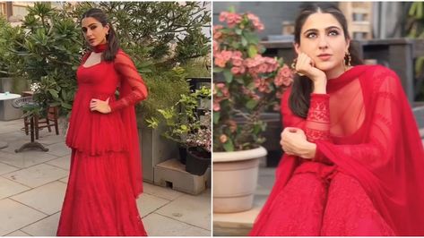 Sara Ali Khan aces ethnic outfits like few other actresses can! The actress is currently making heads turn and paying tribute to her roots at the Cannes International Film Festival 2023. Sara will next be seen in the film Zara Hatke Zara Bachke, alongside Vicky Kaushal. Just two days ago, the actress shared a promotional reel with Vicky Kaushal, in which the actors were seen recreating the song Phir Aur Kya Chahiye. While the reel was entertaining, it was Sara Ali Khan’s stunning bright... Vicky Kaushal And Sara Ali Khan, Tere Vaste Sara Ali Khan Red Dress, Sara Ali Khan Red Sharara, Sara Ali Khan Red Dress, Sara Ali Khan Indian Wear, Sara Ali Khan Outfits, Red Sharara, Astha Narang, Pink Kurti