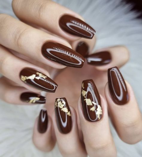 Foil Nail Designs, Orange Acrylic Nails, Brown Nail Art, Gold Acrylic Nails, Brown Nails Design, Foil Nail Art, Simple Fall Nails, Plaid Nails, Glitter Gel Nails