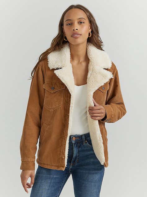 Women's Western Sherpa Lined Corduroy Wrange Coat | Women's JACKETS & OUTERWEAR | Wrangler® Jackets For Winter Cold Weather, Western Autumn Outfits, Western Capsule Wardrobe, Wyoming Fashion, Western Women Outfits, Colorado Cowgirl, Western Jacket Women, Carhartt Jacket Women's, Fall Hats For Women