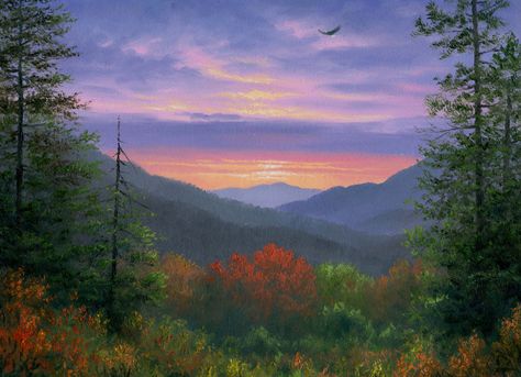 How To Paint The Smoky Mountains, Huge Landscape Painting, Abraham Hunter Art, Mountain Scenes To Paint, Landscape Inspiration Photography, Watercolor Sunset Mountains, Smoky Mountains Painting, Sunrise Mountain Painting, Landscape Paintings Sunset