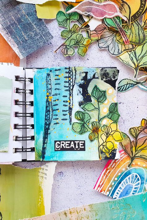 Mini Mixed Media Art Journal Collage with Sketchy Leaves – Rubber Dance Art Stamps Blog Watercolor Combinations, Monoprint Art, Collage Fodder, Kunstjournal Inspiration, Mini Art Journal, Mixed Media Art Journal, Mixed Media Art Techniques, Art Stamps, Collage Art Projects