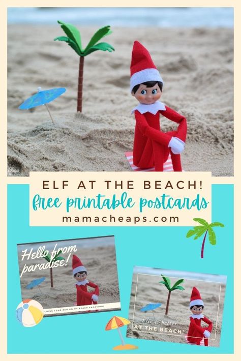 Who says elves don't need a vacation? We think elves work pretty hard during the holiday season, they most certainly deserve a little R&R at the beach from time to time! Check out our beachy elf post and grab our free printable postcards. Your elf can self your kids a fun beach themed postcard showing off some time in the summer sun! You get both postcards in one printable file. #elfontheshelf #christmas #mamacheaps #printable Elf At The Beach, Elf On The Shelf Summer Visit, Summer Elf On The Shelf, Elf Vacation Ideas, Elf On The Shelf Beach, Elf Stuff, Elf Shenanigans, Kids Holidays, Bad Elf