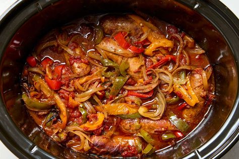 Sausage And Peppers Crockpot Slow Cooker, Meat Casseroles, Nyt Recipes, Sausage Peppers And Onions, Sausage Peppers, Keto Crockpot, Vegetarian Comfort Food, Salmon And Shrimp, Shrimp And Vegetables