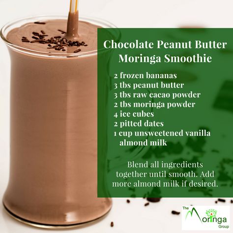 Adding nutrients, proteins, and compounds to your diet have never tasted so delicious! This Chocolate Peanut Butter Moringa Smoothie will satisfy any craving and leave you feeling healthy and energized! #JustAddMoringa #JAM https://themoringagroup.com Moringa Powder Recipes, Moringa Smoothie, Spirulina Recipes, Wfpb Vegan, Moringa Recipes, Superfood Smoothies, Moringa Leaves, Moringa Powder, Detox Juice Recipes