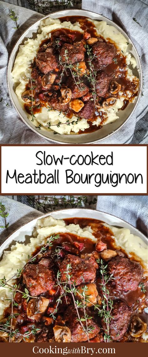 Slow-cooked Meatball Bourguignon Recipe | Cooking with Bry A deliciously naughty dinner idea, this slow-cooked meatball bourguignon recipe is a modern twist on the French classic - an indulgent red wine sauce. #french #frenchcuisine #dinnerideas #yummy Stew With Red Wine, Slow Cooker Beef Bourguignon, Slow Cooker Fajitas, Slow Cooker Enchiladas, Slow Cooker Ribs, Slow Cooker Lasagna, Delicious Slow Cooker Recipes, Slow Cooker Meatballs, Pot Roast Slow Cooker