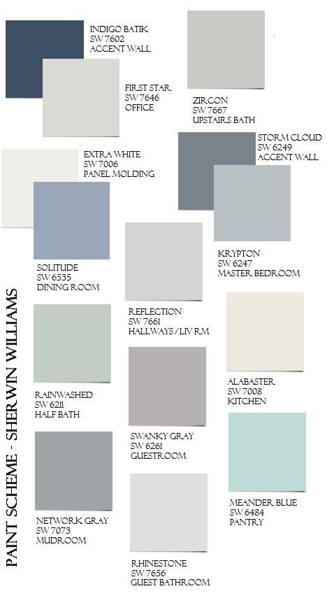 The BEST whole-house paint scheme that looks great in every lighting. Daylight will bring out the colors - beautiful blue-green in rainwashed, periwinkle in solitude, pretty purple in swanky gray...and then interior lighting at nighttime will bring out the grey undertones to create beautiful, calming colors. This is the perfect paint palette. Sherwin Williams Paint Colors Interior Colors, Colors Schemes, Paint Color Schemes, House Color Schemes, Sherwin Williams Paint Colors, Interior Paint Colors, Shades Of Gray, Calming Colors, Paint Palette