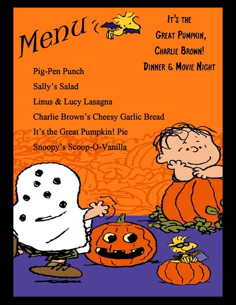 It's the Great Pumpkin, Charlie Brown! Dinner & Movie night, sample menu 1. Its The Great Pumpkin Charlie Brown Movie Night, Great Pumpkin Charlie Brown Dinner, Great Pumpkin Charlie Brown Movie Night, The Great Pumpkin Charlie Brown Party, Halloween Movie Night Party Food Ideas, Family Movie Night Menu Dinners, Halloween Movie Dinner Ideas, Halloween Movie Themed Dinner, Halloween Dinner And Movie Night