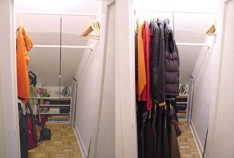 Deep and dreaded coat closet has been tamed | Flickr - Photo Sharing! Deep Coat Closet, Coat Closet Organization Front Entry, Closet Under Stairs, Deep Closet, Closet Makeover Diy, Front Closet, Coat Closet Organization, Utility Closet, Coat Storage